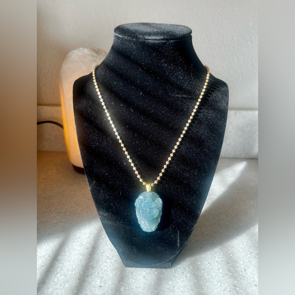 14K SOLID YELLOW GOLD BALL CHAIN w.ICE BLUE JADE HAND CARVED 🐉 PENDANT✨